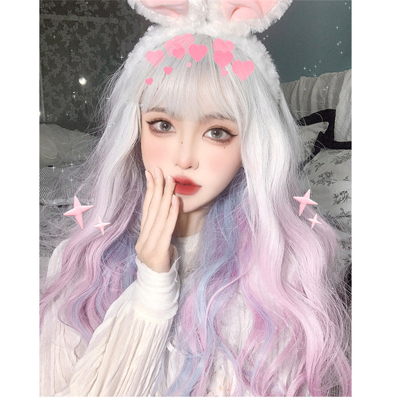 Fairy Dream Silver White Gradient Pink Blue Long Curly Wig UB6153 