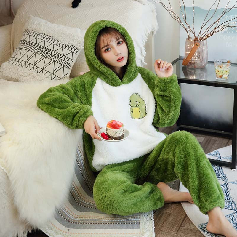 Cute Little Dinosaur Frog Coral Fleece Hooded Pajamas UB3347 Uoobox