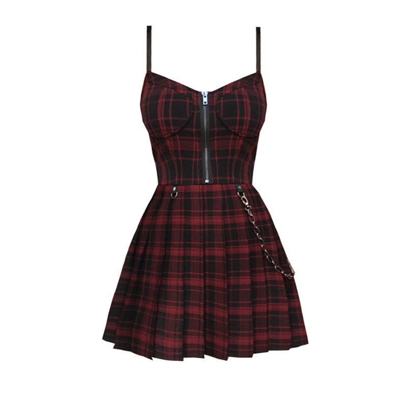 RED BLACK PLAID PLEATED STRAP