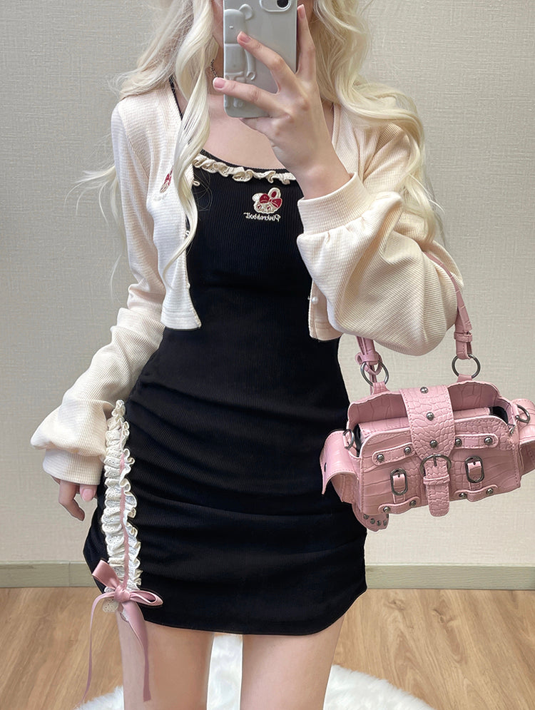 Embroidered Cardigan + Lace Suspender Skirt Set UB99183