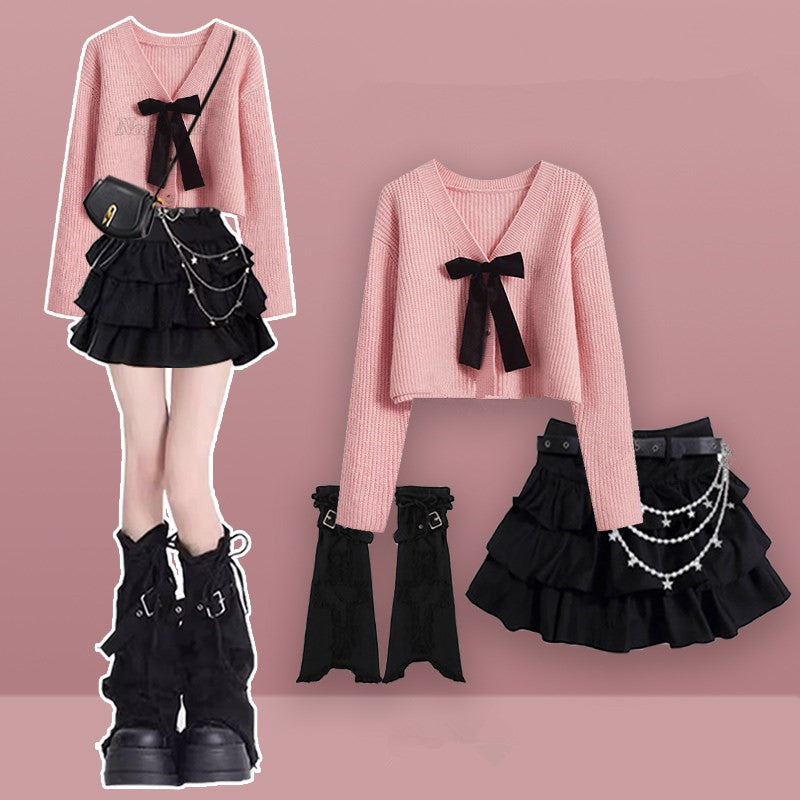 Pink Sweater + Black Skirt Suit UB99354