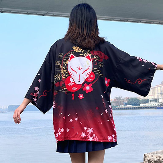 Vintage Fox Sakura Print Kimono Outerwear Sun Protective Cardigan UB7322