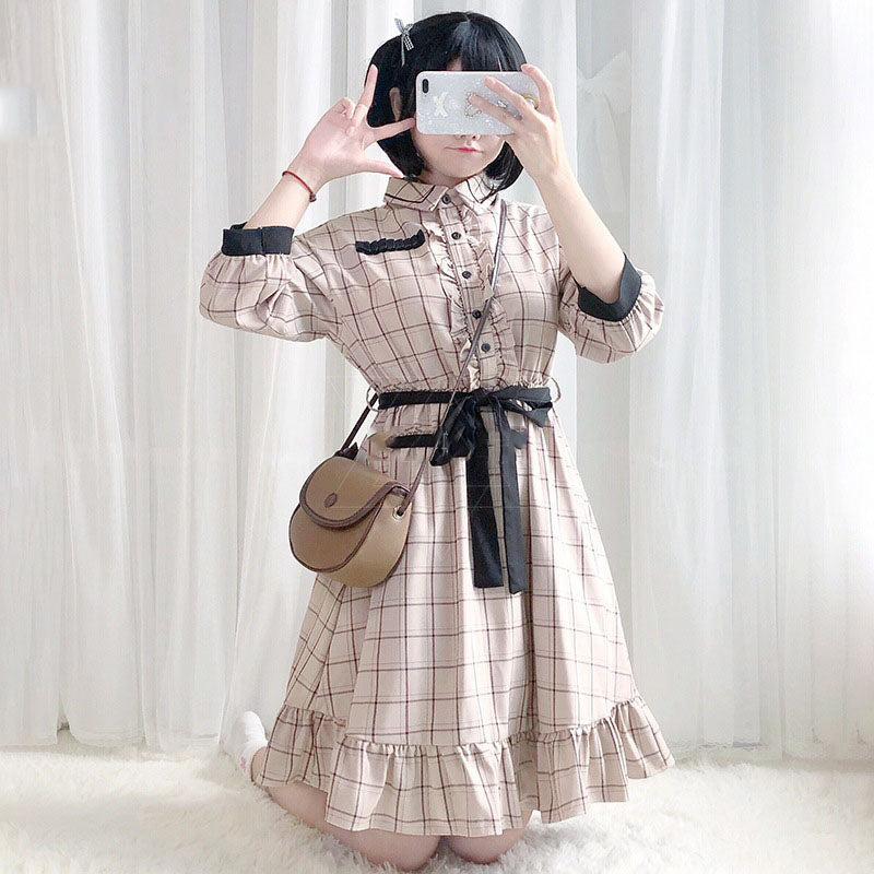 Plaid Long Sleeve Vintage Dress UB6168