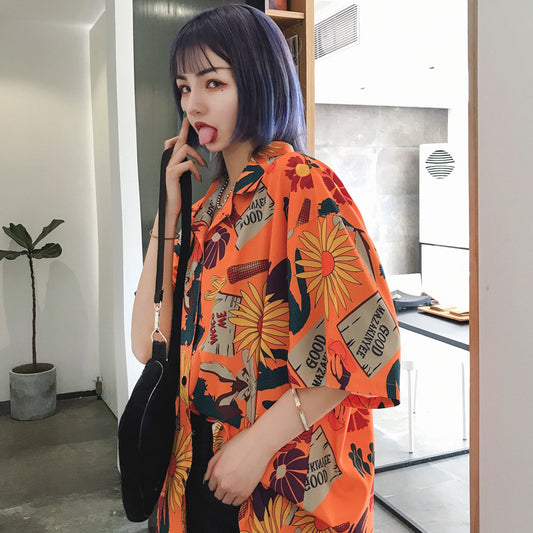 "SUMMER ORANGE FLOWER PRINT" SHIRT BLOUSE K080803