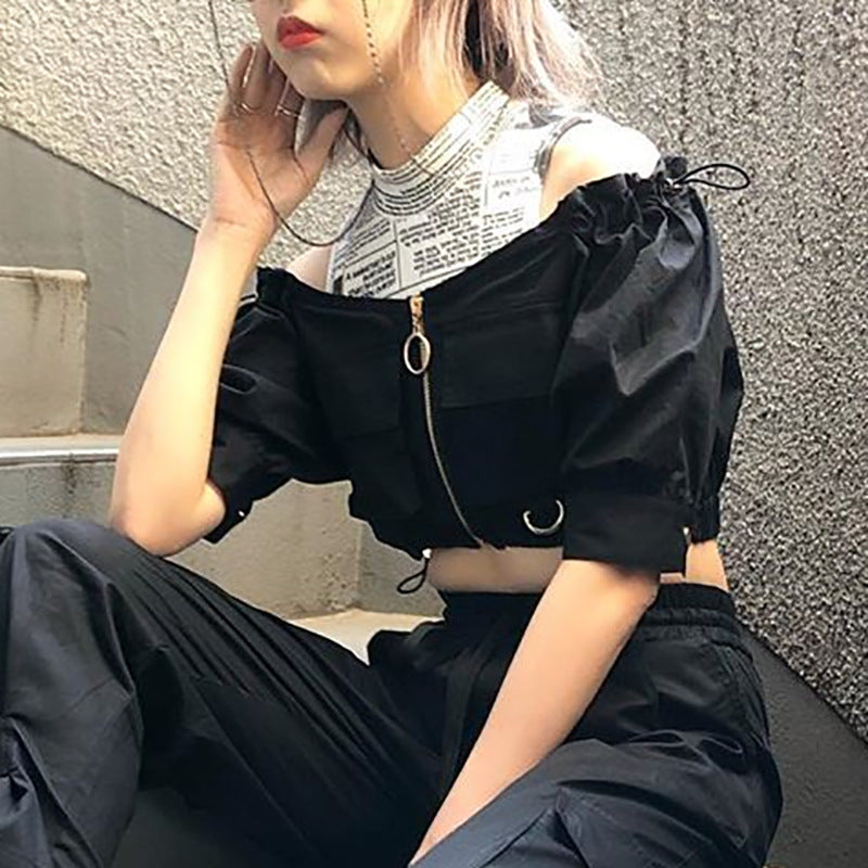 [@dollish_fox] "DARK OFF SHOULDER DRAWSTRING" CROP TOP K080101REVIEW