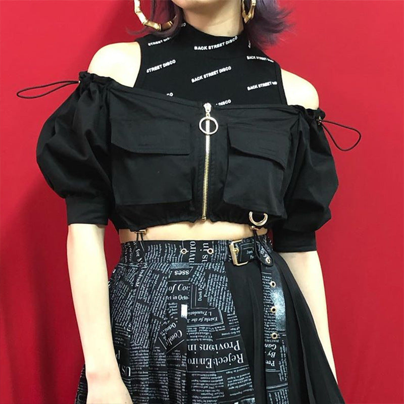 [@dollish_fox] "DARK OFF SHOULDER DRAWSTRING" CROP TOP K080101REVIEW