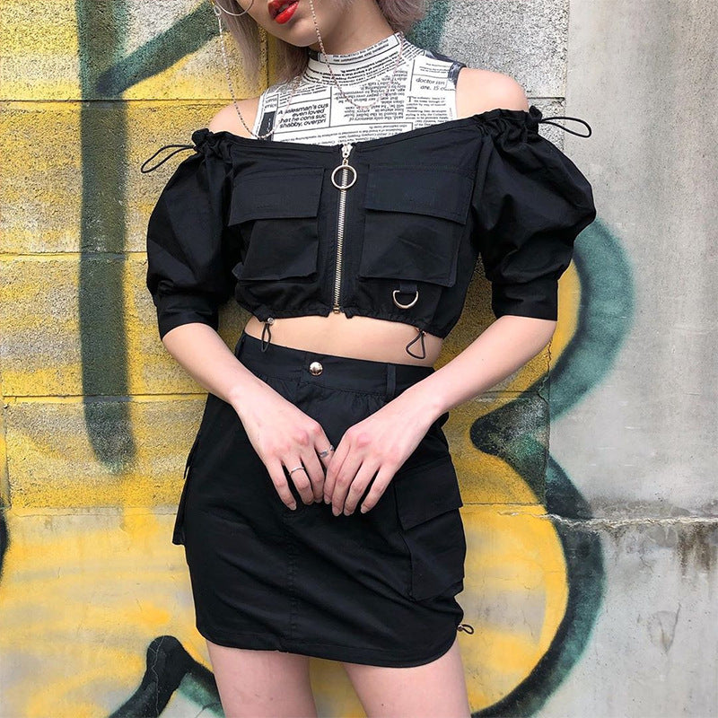 [@dollish_fox] "DARK OFF SHOULDER DRAWSTRING" CROP TOP K080101REVIEW