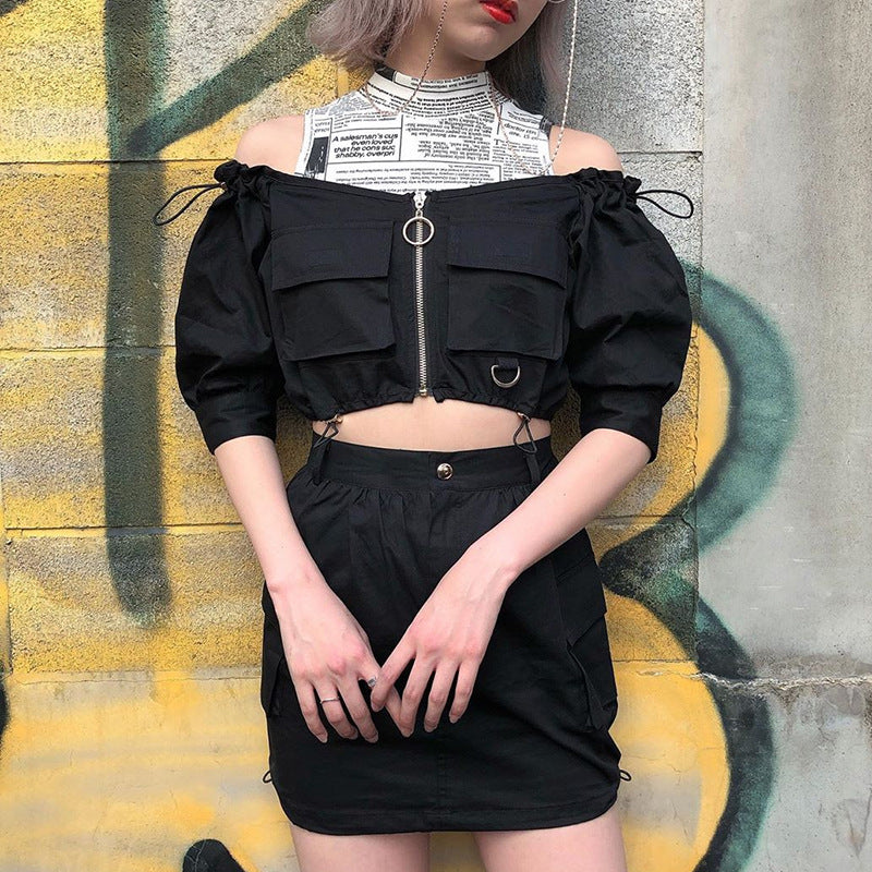 [@dollish_fox] "DARK OFF SHOULDER DRAWSTRING" CROP TOP K080101REVIEW