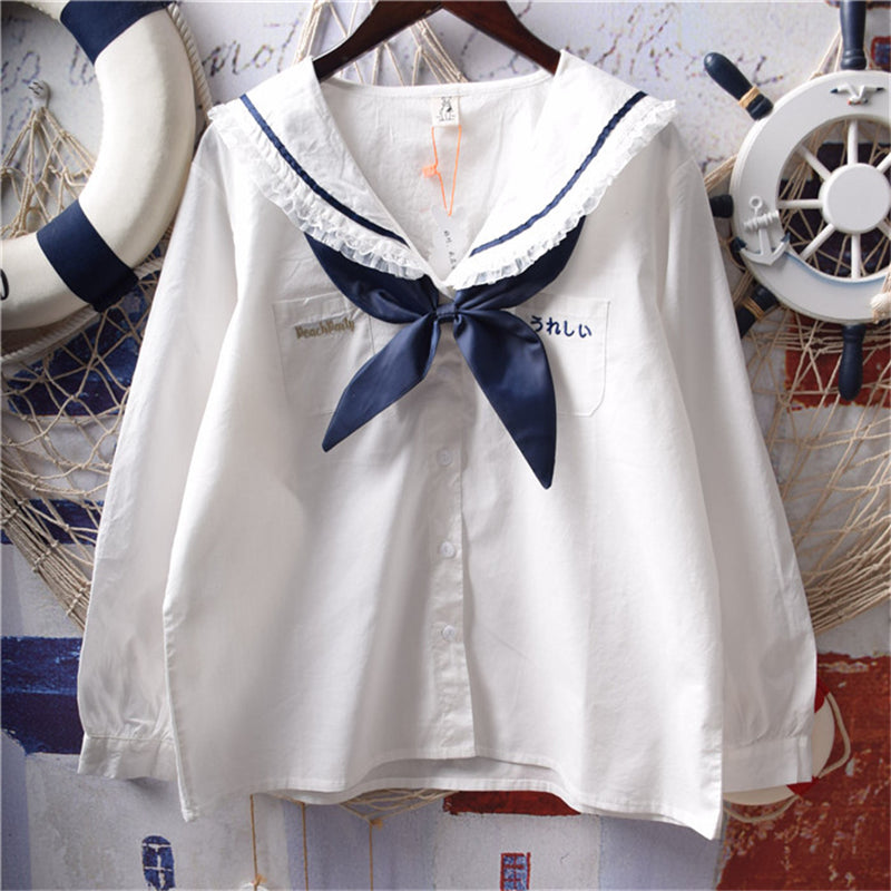 "SWEET NAVY COLLAR LACE BOW" LONG SLEEVE SHIRT Y031707