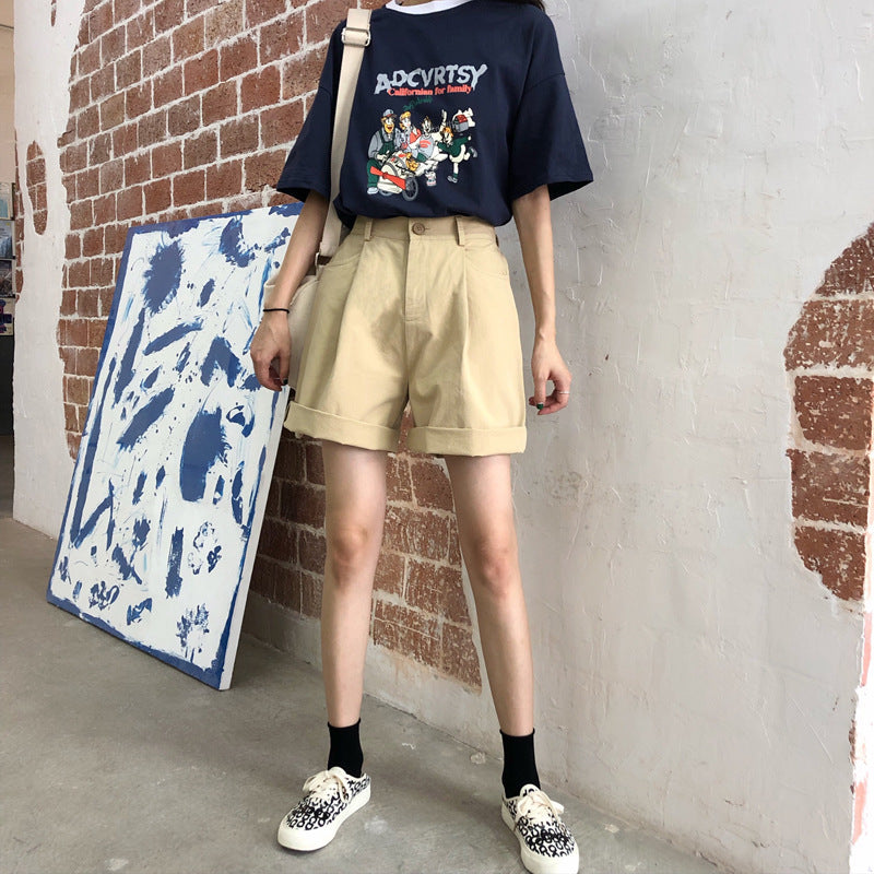 "KHAKI / BLACK LOOSE HIGH WAIST" SHORTS K090706