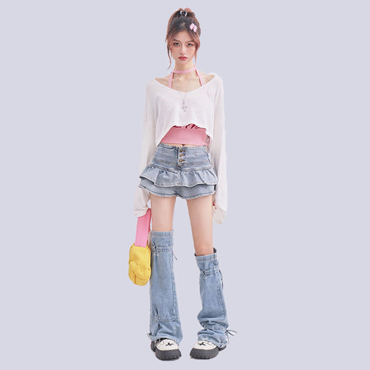 HIGH WAIST RUFFLED DENIM SKIRT UB98104