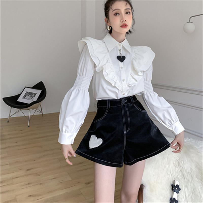 White Shirt Puff Sleeve Top/Black Shorts UB3221