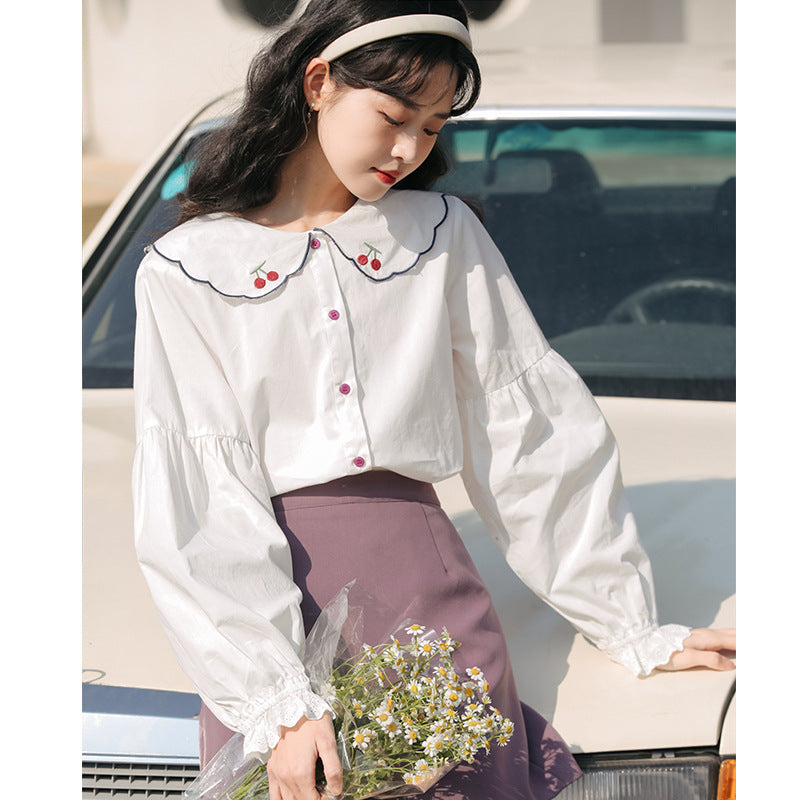 Small Cherry Embroidered Long Sleeve Shirt UB6197