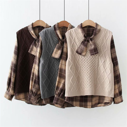 Women's Two Piece Plaid Shirt And Vest UB6188