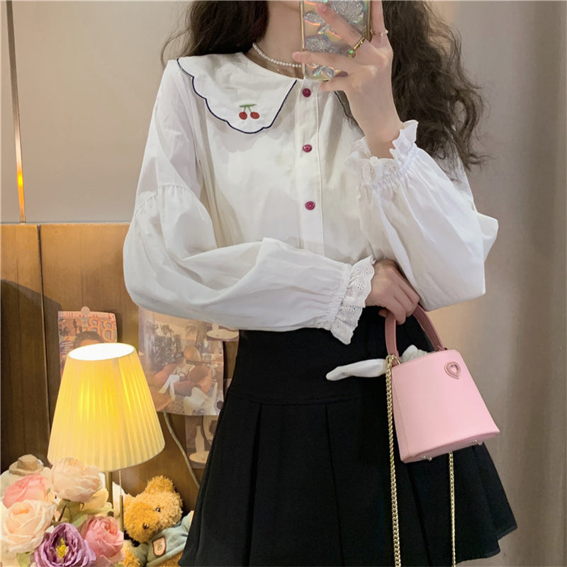 Small Cherry Embroidered Long Sleeve Shirt UB6197