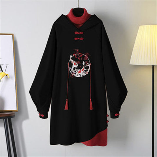 BLACK CHINESE STYLE HANFU FAKE TWO PIECE HOODIE UB3296