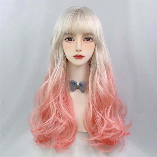 White Gold Gradient Pink Long Curly Wig ER5869