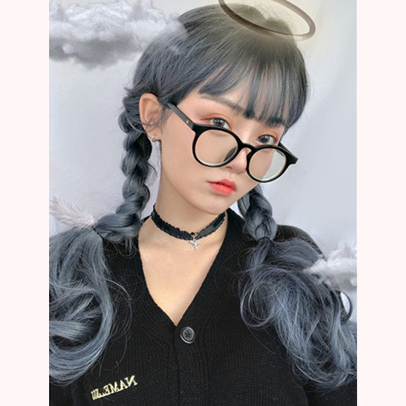 "BLUE GRAY BANGS LONG CURLY" WIG D051223