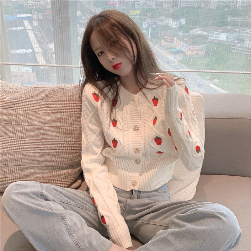 STRAWBERRY EMBROIDERED SHORT SWEATER COAT UB3157