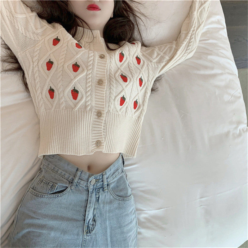 STRAWBERRY EMBROIDERED SHORT SWEATER COAT UB3157