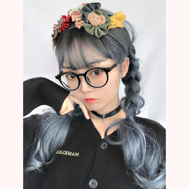 "BLUE GRAY BANGS LONG CURLY" WIG D051223