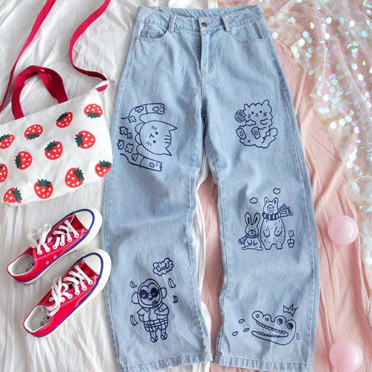 “CUTE CARTOON ANIMAL PRINT" JEANS K080301