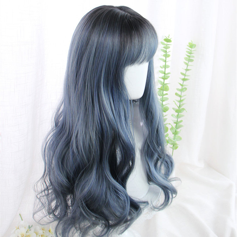 "BLUE GRAY BANGS LONG CURLY" WIG D051223