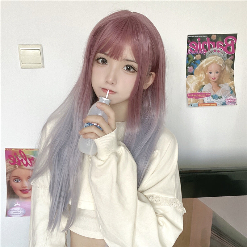 Lolita Gradient Purple Grey Long Straight Wig UB6163