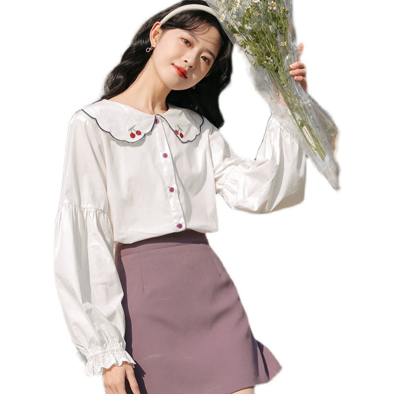 Small Cherry Embroidered Long Sleeve Shirt UB6197