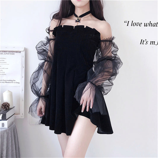 "BLACK PUFF SLEEVE OFF-SHOULDER VELVET" PLEATED DRESS K111822