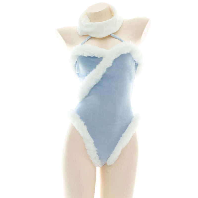 Cute Sexy Blue Plush Halter Lingerie Bodysuit UB6171