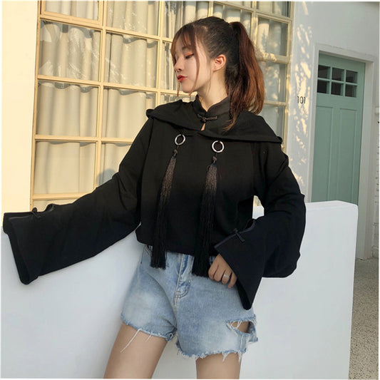 "DARK BLACK TASSEL CLOAK SHORT" HOODIE K102705