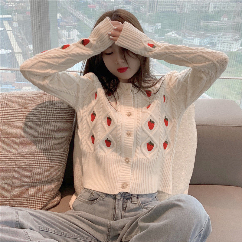 STRAWBERRY EMBROIDERED SHORT SWEATER COAT UB3157