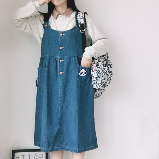 "CUTE PANDA LACE" DENIM VEST DRESS Y031403