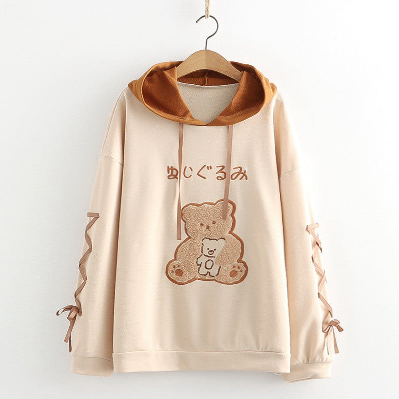 CUTE BEAR EMBROIDERY PLUS VELVET HOODIE UB3132