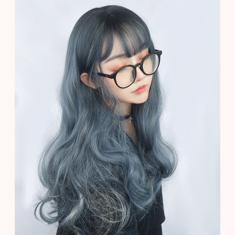 "BLUE GRAY BANGS LONG CURLY" WIG D051223