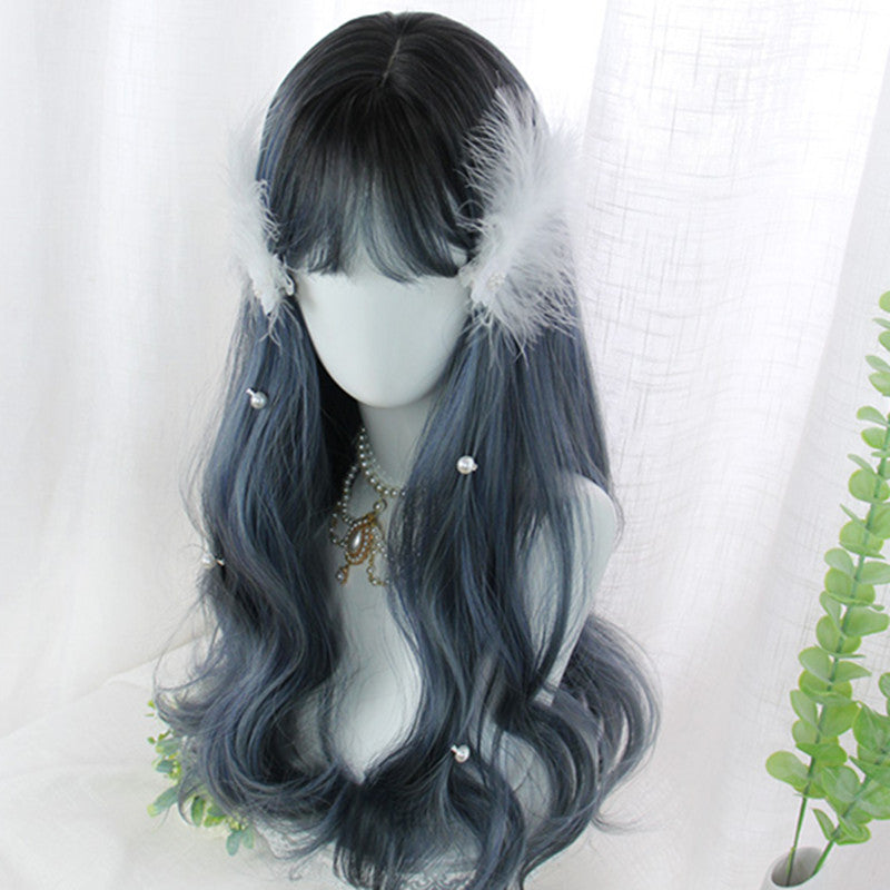 "BLUE GRAY BANGS LONG CURLY" WIG D051223