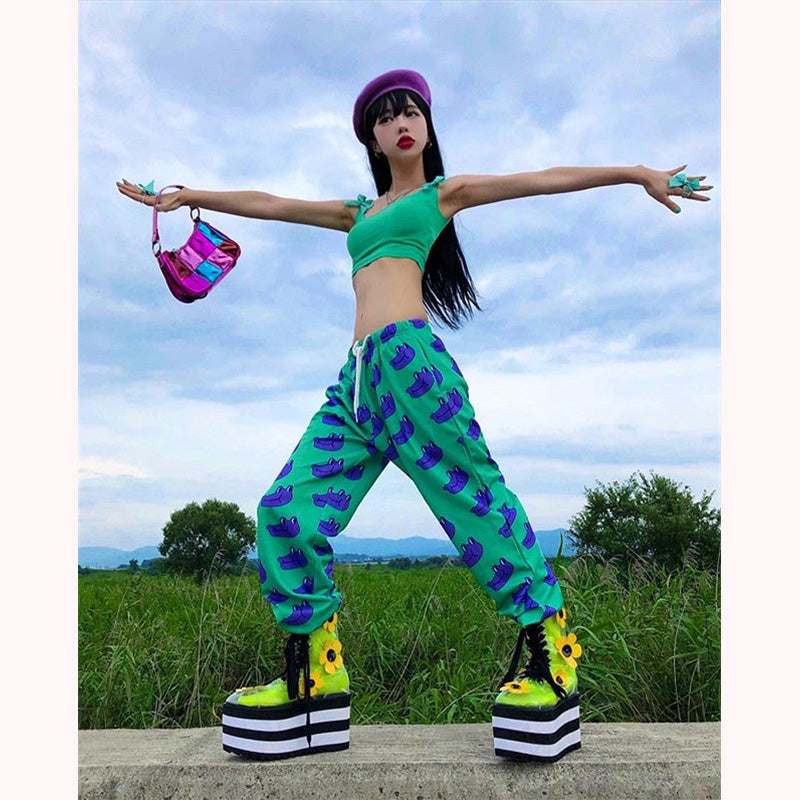 [@e.unjee] "PURPLE FROG HEAD GREEN" WIDE LEG PANTS Y031601