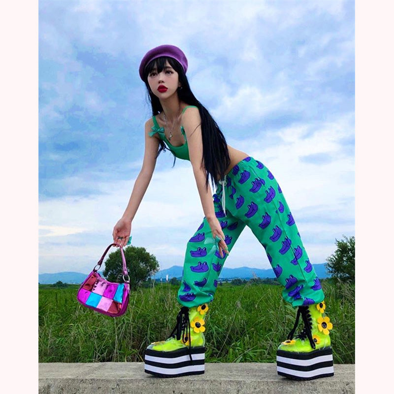 [@e.unjee] "PURPLE FROG HEAD GREEN" WIDE LEG PANTS Y031601