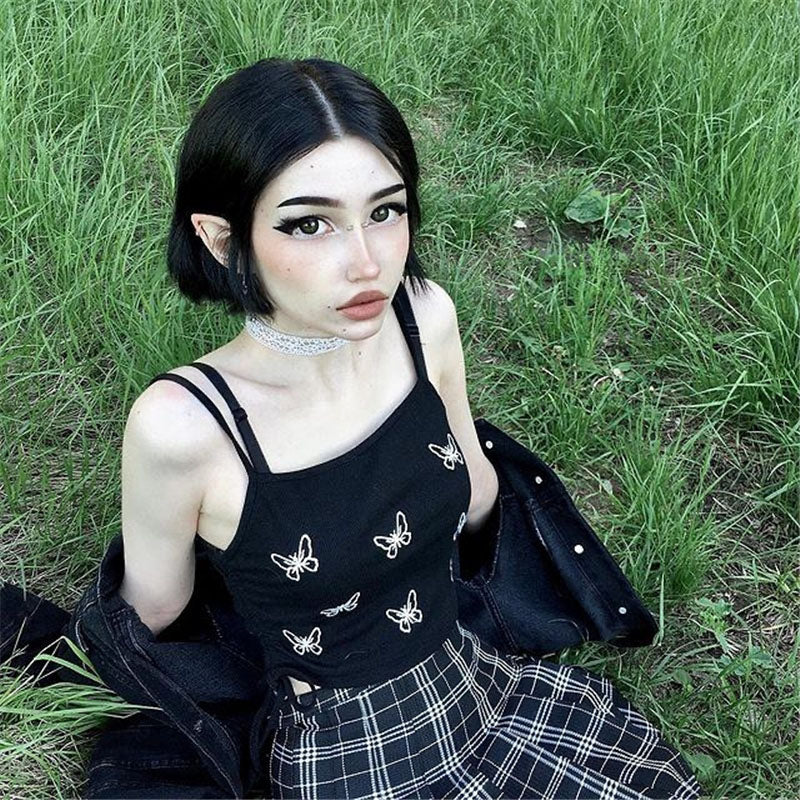 "BLACK BUTTERFLY PRINT SLING" CROP TOP D051208