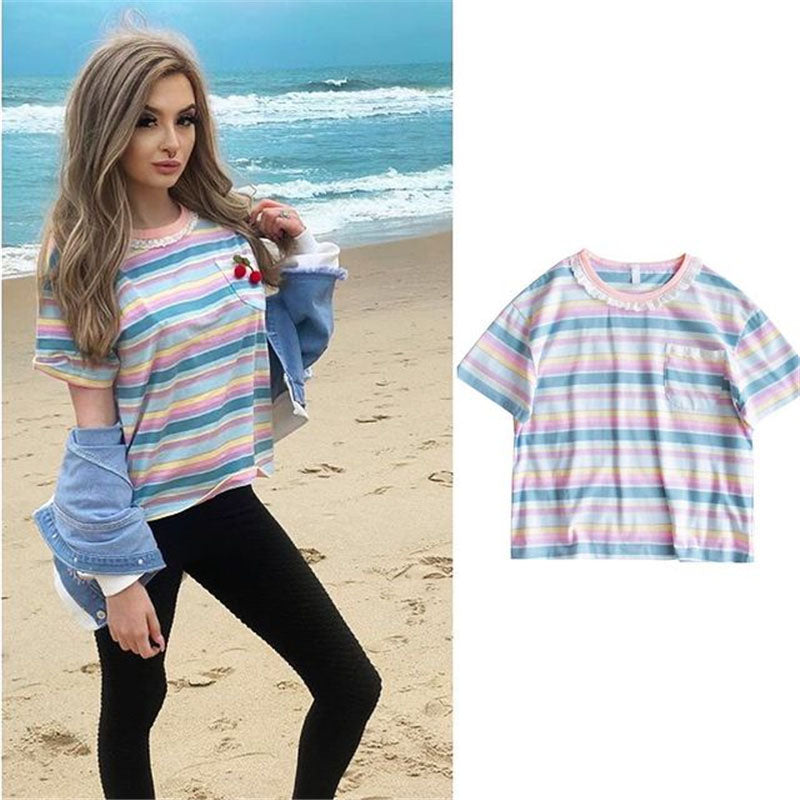 [@thelexilore ] "PASTEL STRIPE LACE" SHORT SLEEVE SHIRT K081810