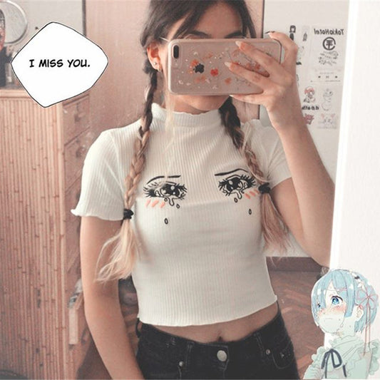 [ @sakuradollish ] "EMBROIDERED TEARS COMIC EYES" CROP TOP K112015