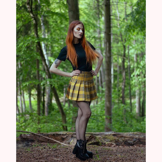 [@kerolweber] "XS-5XL PLUS SIZE YELLOW/BLACK PLAID" PLEATED SKIRT K110804REVIEW