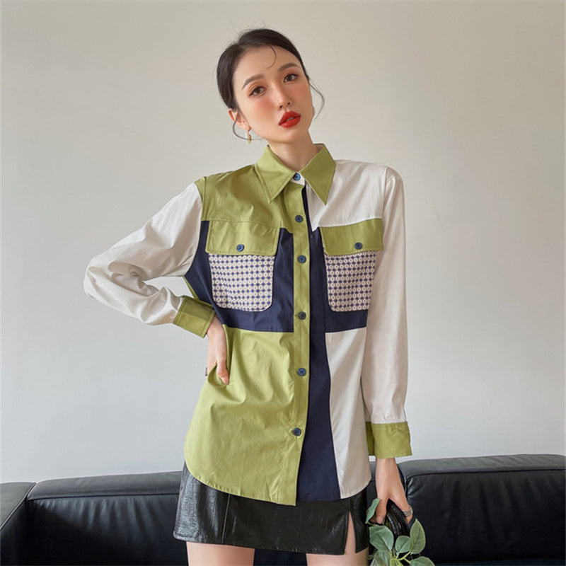 GREEN COLOR BLOCK CASUAL LONG-SLEEVED SHIRT UB2834