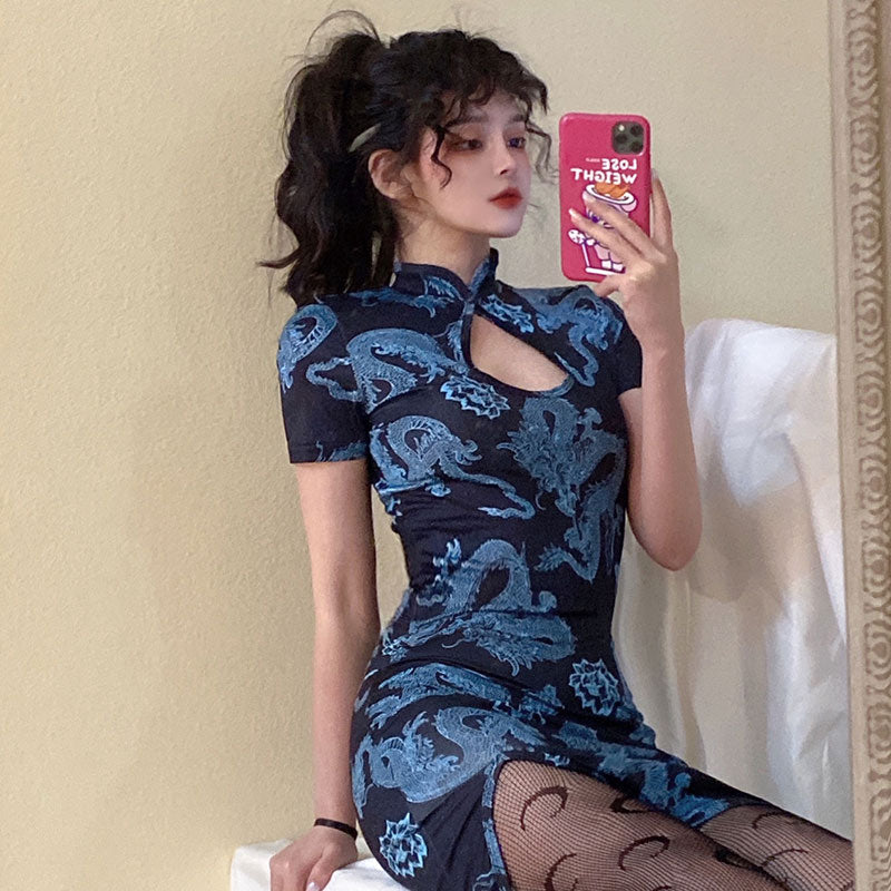 BLUE RETRO DRAGON CHEONGSAM DRESS UB2694