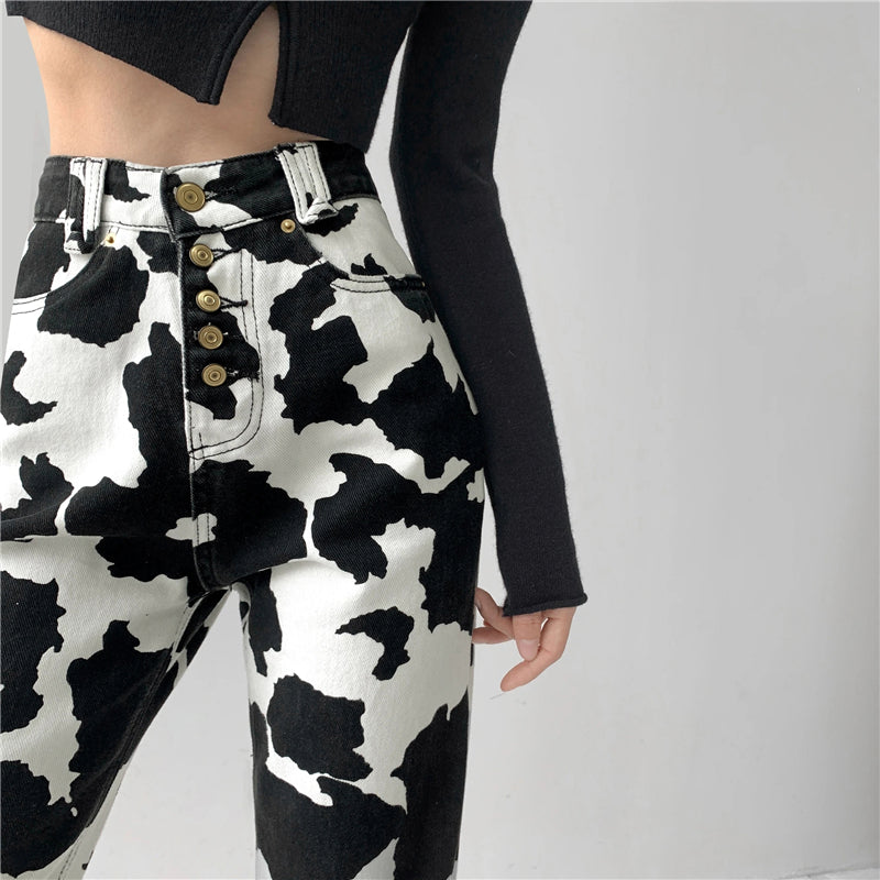 BLACK WHITE COW PRINT PANTS UB2486 – Uoobox