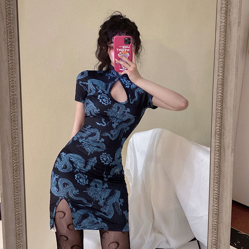 BLUE RETRO DRAGON CHEONGSAM DRESS UB2694