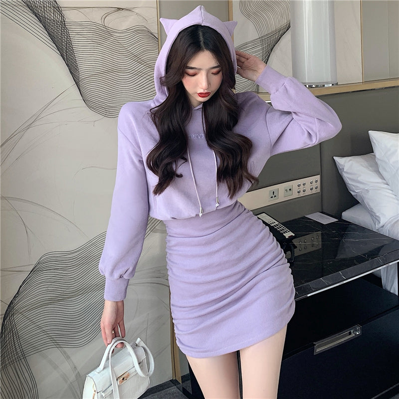 BLACK PURPLE CAT EAR HOODIE DRESS UB2734 Uoobox