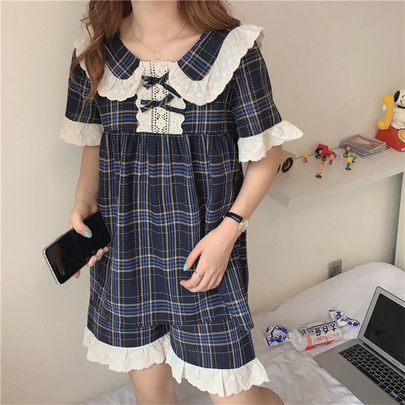 "NAVY CHECK LACE" PAJAMA SET N100906