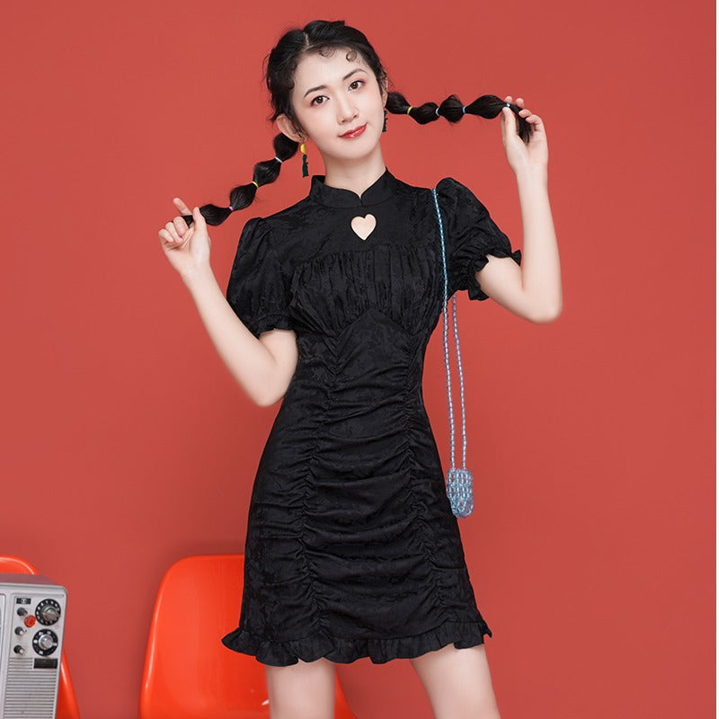 BLACK HOLLOW LOVE SATIN DRESS UB2733